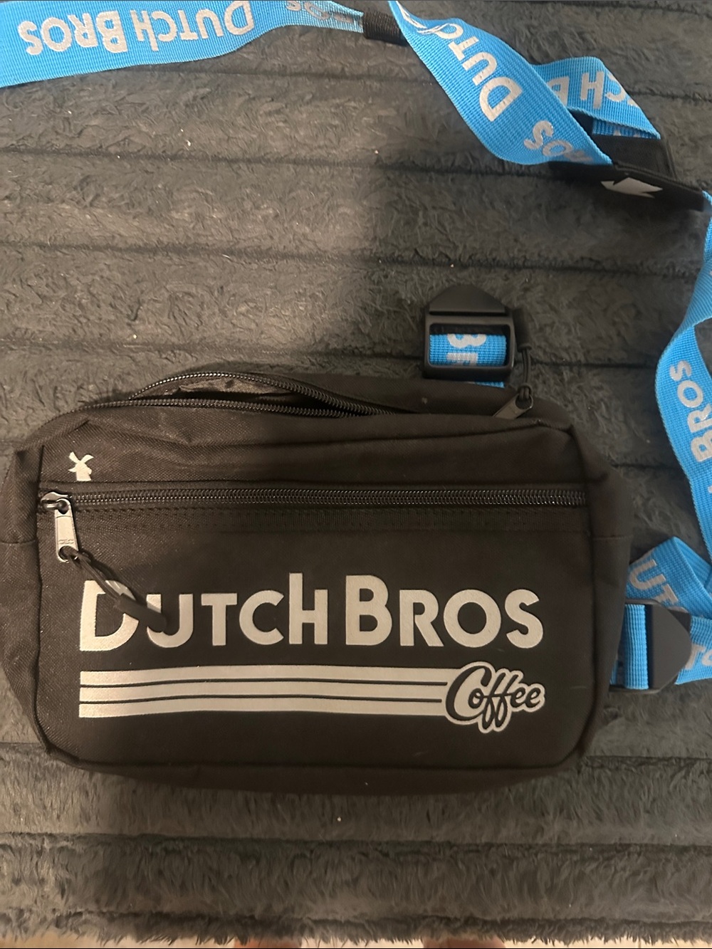 Dutch Bros Black Belt Bag with Blue Logo Strap